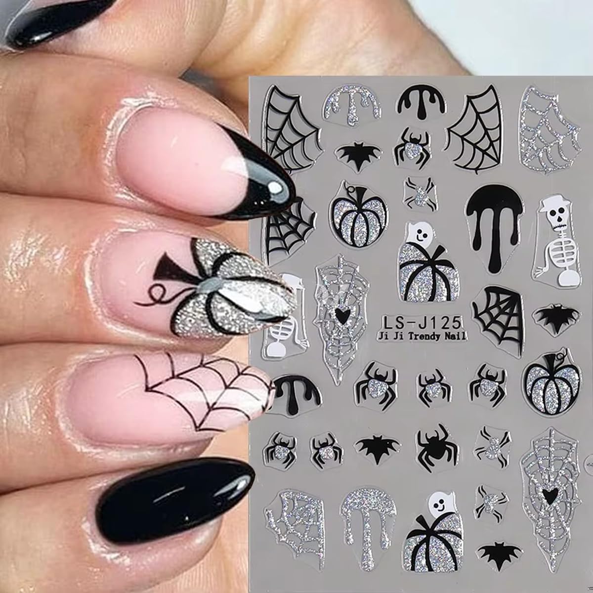 8 Sheets Horror Goth Nail Art Stickers Halloween Nail Stickers for Nail Art Glitter Bat Spider Web Pumpkin Design Luminous Ghost Nail Decals Self-Adhesive Nail Supplies for Women Manicure Decor-Velvo Beauty
