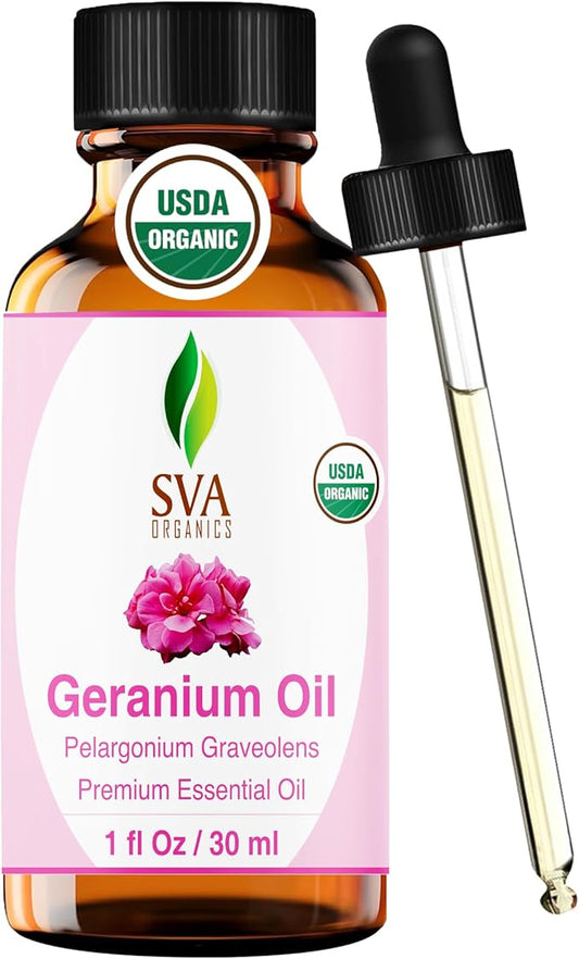 SVA Geranium Essential Oil Organic – 1 Fl Oz – 100% Natural Organic Geranium Oil - for Diffuser, Hair Care, Face, Skin Care, Aromatherapy, Scalp and Body Massage, Soap and Candle making – with Dropper-Velvo Beauty