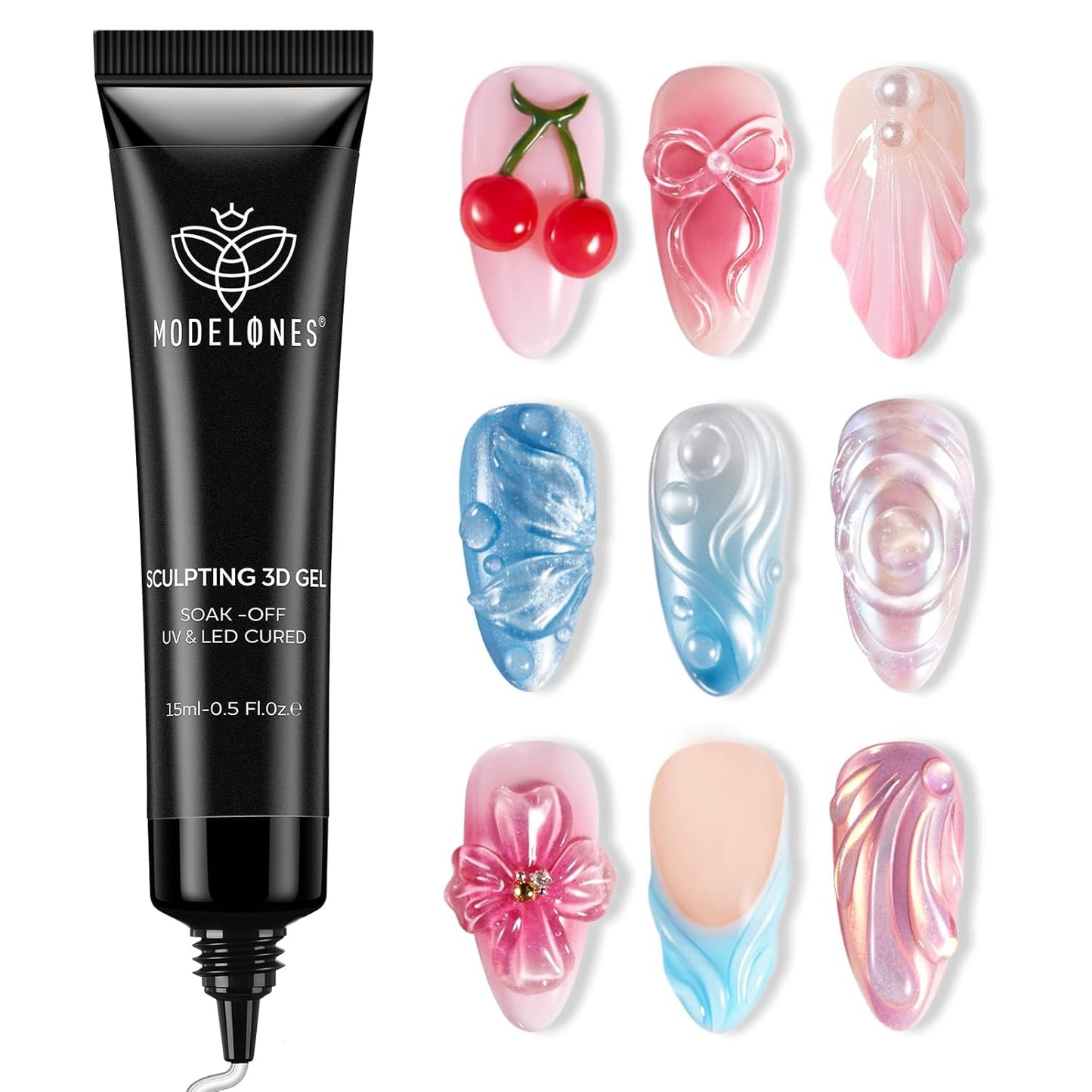 Modelones 3D Gel Nail Art, Sculpting Gel Glue for Molding, Drawing, Charms & Gems Glue, Nail Stuff for Chrome Powder and Rhinestone Design No Wipe, U V Light Cured Salon & DIY Use-Velvo Beauty