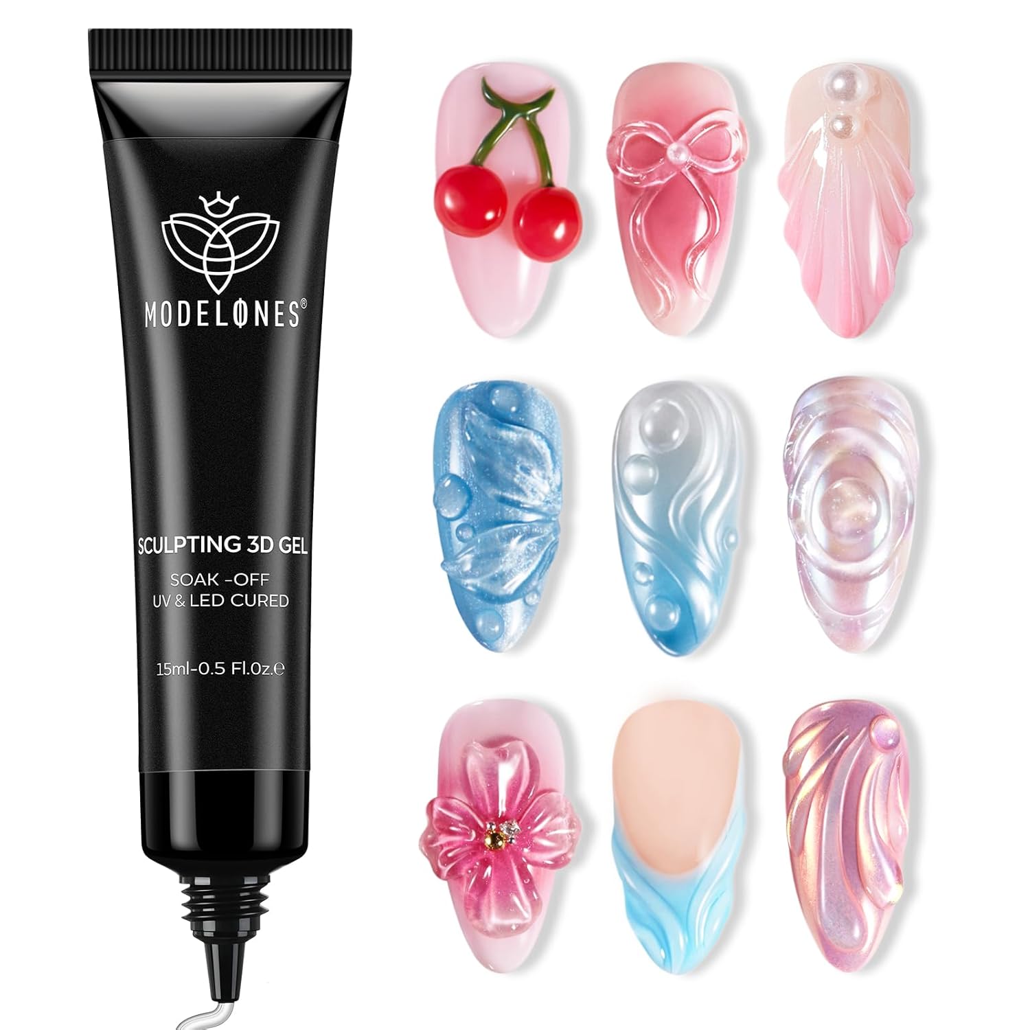 Modelones 3D Gel Nail Art, Sculpting Gel Glue for Molding, Drawing, Charms & Gems Glue, Nail Stuff for Chrome Powder and Rhinestone Design No Wipe, U V Light Cured Salon & DIY Use-Velvo Beauty