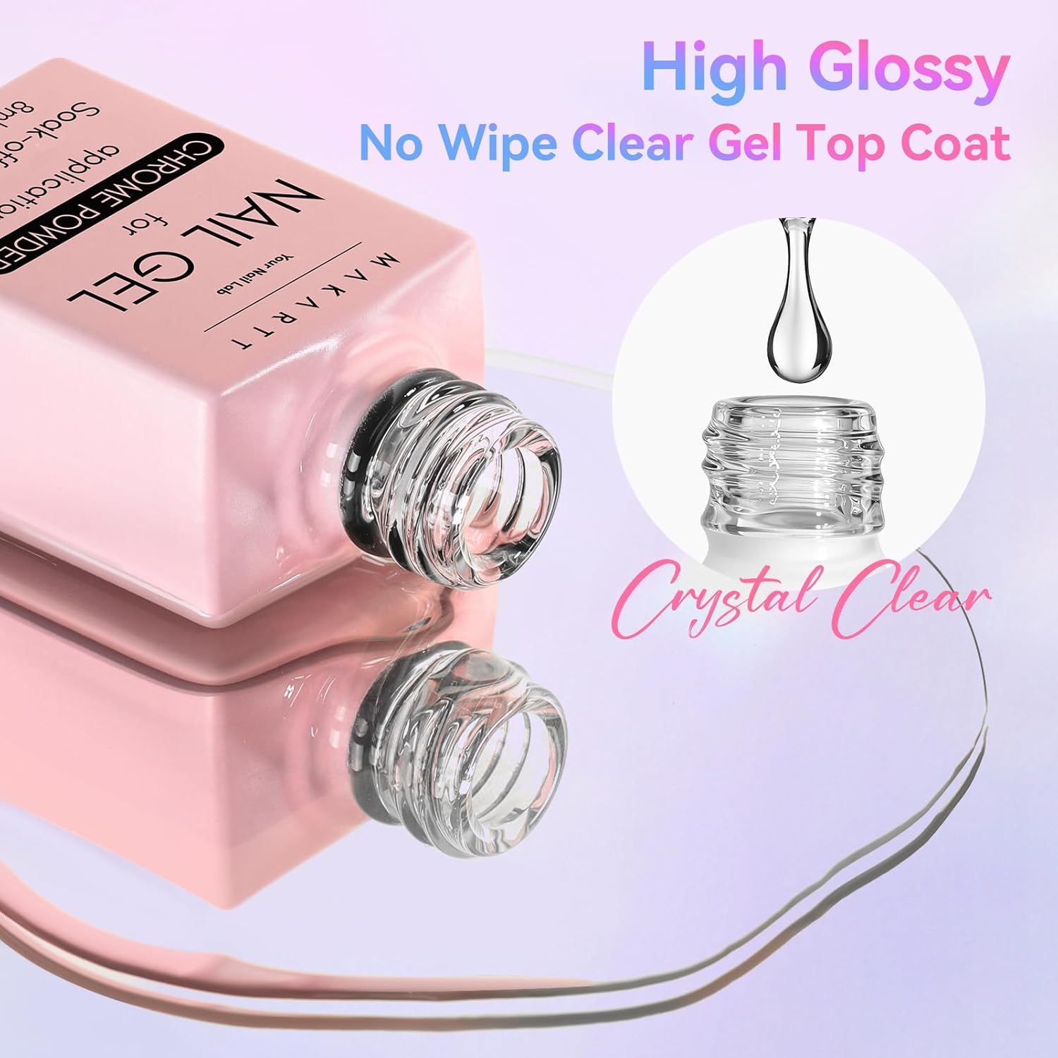 Makartt No Wipe Gel Top Coat for Chrome Nail Powder - Clear High Gloss Mirror Shine Top Coat Gel Nail Polish, Long Lasting Soak-Off LED UV Lamp, DIY Home Salon Art Design Gifts, 8ml Pink Bottle-Velvo Beauty
