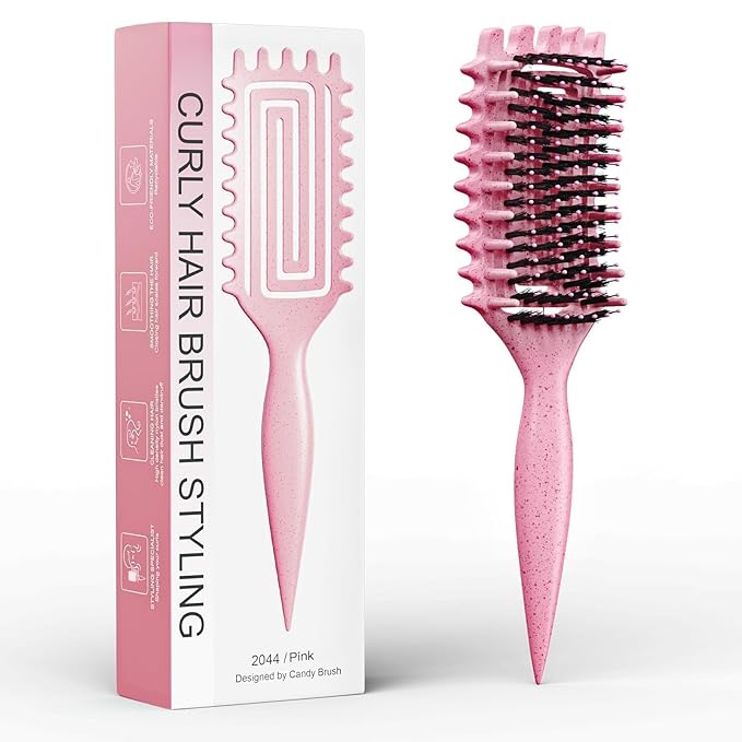 Curl Defining Brush, Curly Hair Brush Defining with Side Gear for Combing, Shaping, and Styling Curly Hair, Lightweight Candy Brush Suitable for All Wet or Dry Hair Types for Women and Men (Pink)-Velvo Beauty