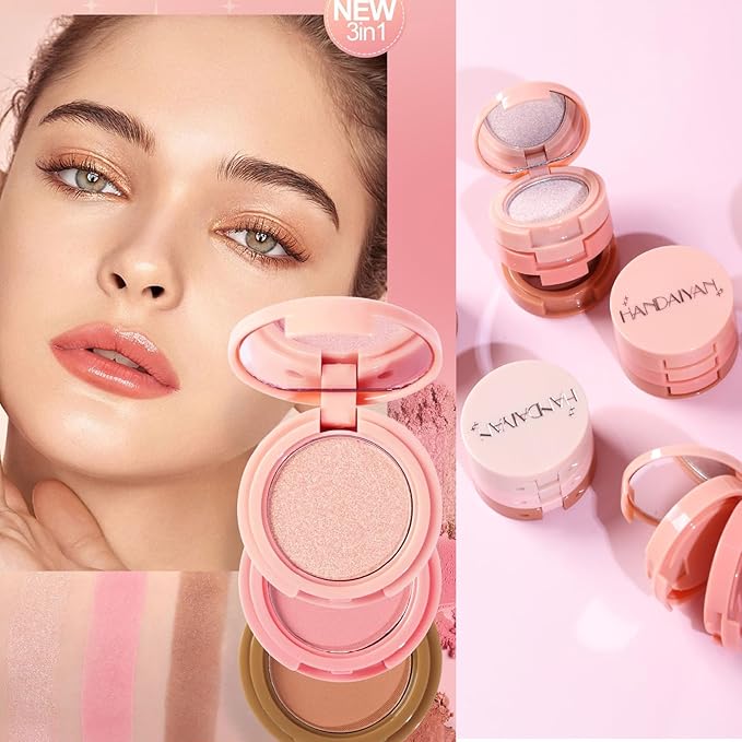 3-in-1 Blendable Trio, Contour and Highlight Blush Makeup Palette, Cream Bronzer, Silky Smooth Powder Blush, Shimmer Highlighter Makeup Powder, Pink Brown Eyeshadow Palette with Mirror(02)-Velvo Beauty