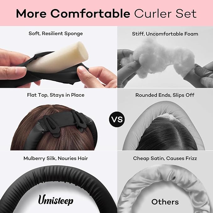 Umisleep 22 Momme 100% Mulberry Silk Heatless Hair Curler Set — Frizz-Free Hair Rollers for Women Long Hair, Overnight Heatless Curls, Upgraded Soft Flat Design with Clips & Scrunchies, Black-Velvo Beauty