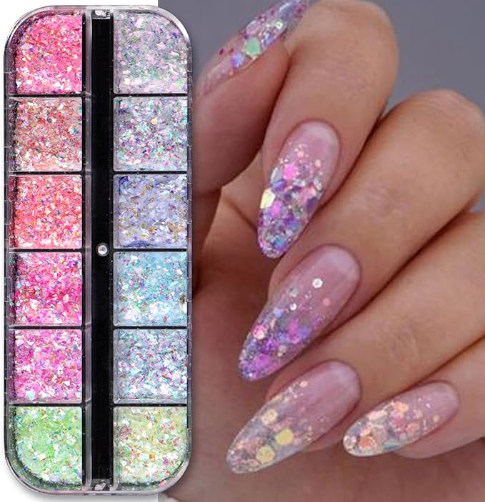 12 Colors Mermaid nail art glitter sequins Iridescent Ice Slag nail glitter flakes Ultra Thin Nail Art Designs 3D holographic nail sequins for Nail Art Supplies Manicure Decoration Accessories-Velvo Beauty