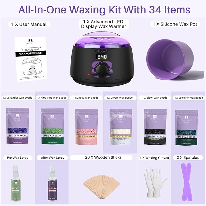 BLITZWAX Brazilian and Bikini Waxing Kit for Women, Hard Wax Warmer for Face, Legs and Body, At Home Hair Removal Kit, Beginner Friendly, Fast Heating, 51 Accessories, 6 Types Wax Bean Formula-Velvo Beauty