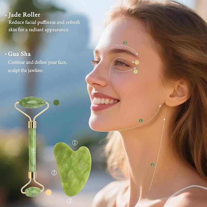 Real Perfection Gua Sha Facial Tools Face Roller for Wrinkles Jade Roller and Gua Sha Set, Scrubber Pore Brush Headband Skin Care Tools for Travel Skincare Routine Massaging Reducing Puffiness - Green-Velvo Beauty