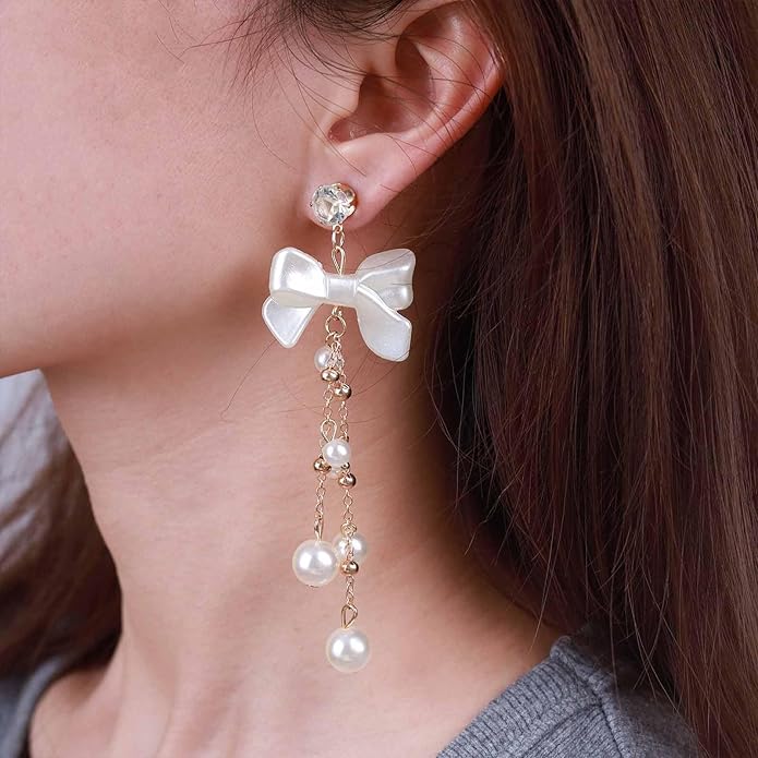 Vintage Crystal Pearl Drop Earrings Pearl Bow Dangle Earrings Long Pearl Tassel Chain Earrings Cz Bow Stud Earrings Jewelry for Women-Velvo Beauty