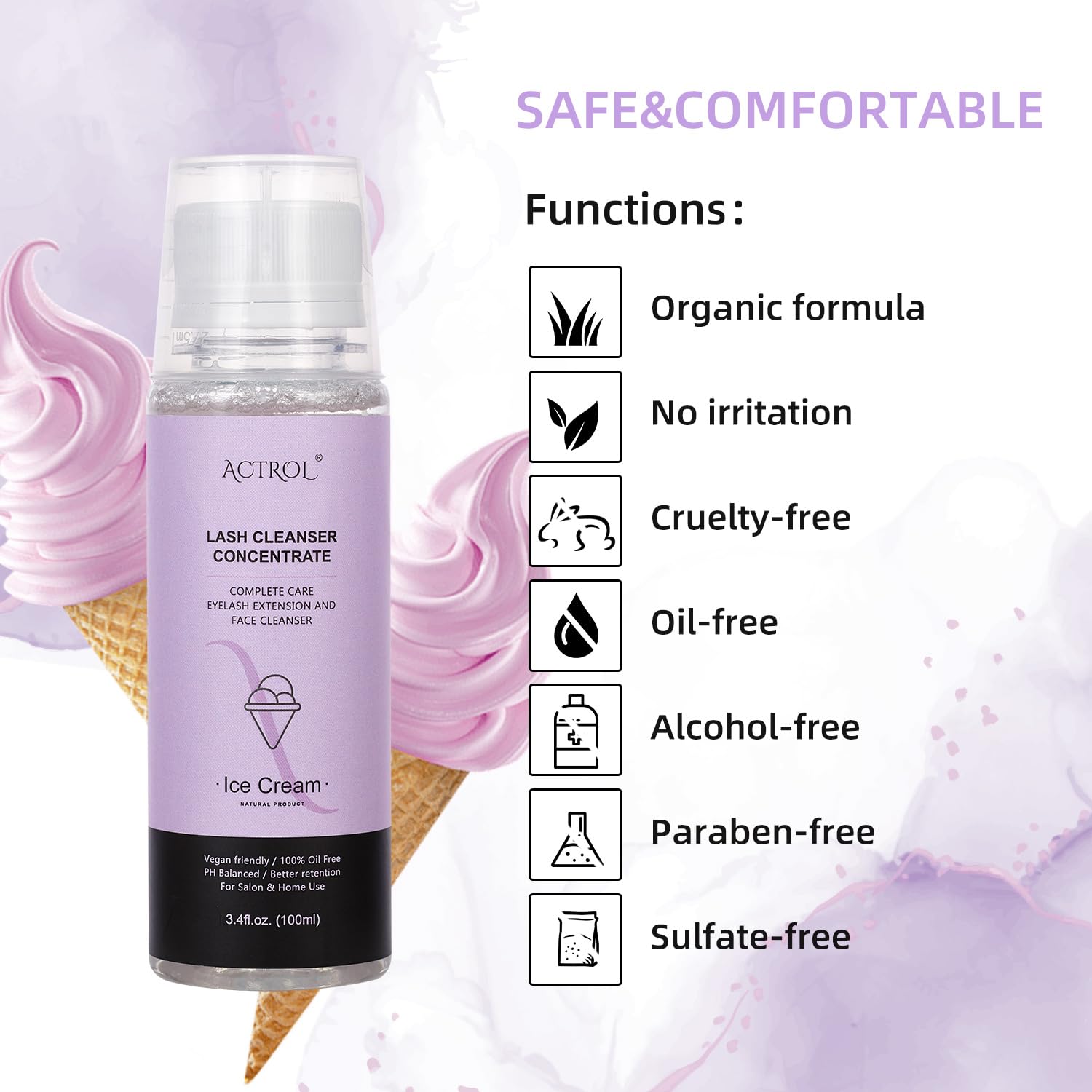 Eyelash Shampoo Concentrate 100ml Lash Extensions Cleanser Concentrate Ice-cream Foaming Shampoo Paraben & Sulfate Free Wash for Extensions Lashes with Salon Home Care-Makes 60ml Bottles-Velvo Beauty