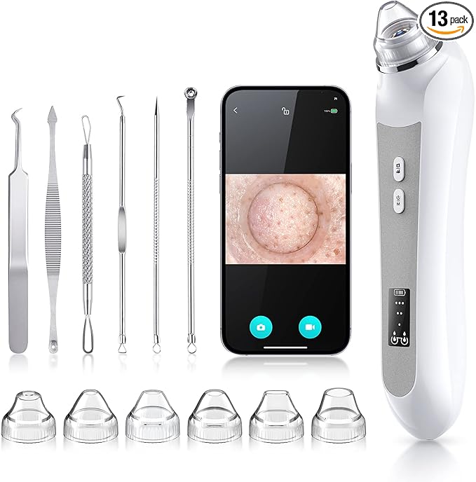 Blackhead Remover Vacuum, Black Head Remover for Face with Camera, Pore Vacuum for Men and Women, USB Interface Type Blackhead Remover Tools, 6 Suction Heads & 3 Adjustment Modes (Grey)-Velvo Beauty