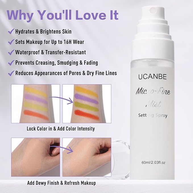 UCANBE Dewy Setting Spray for Makeup, Long Lasting Hydrating Make Up Finishing Spray for Face, Micro-Fine Mist Fixing Spray for Dewy Glow Finish, Lightweight & Waterproof for up to 16 Hours Wear-Velvo Beauty