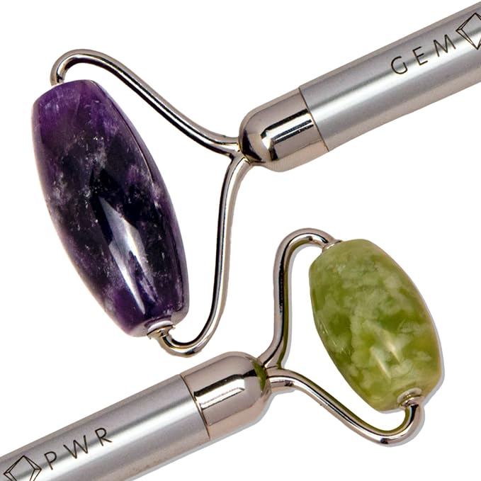Amethyst + Jade Roller for Face and Neck Massage, Dual Gemstones with Durable Steel Handle and Travel Bag. Minimize Wrinkles, Reduce Puffiness and Restore Skin's Elasticity and Radiance-Velvo Beauty