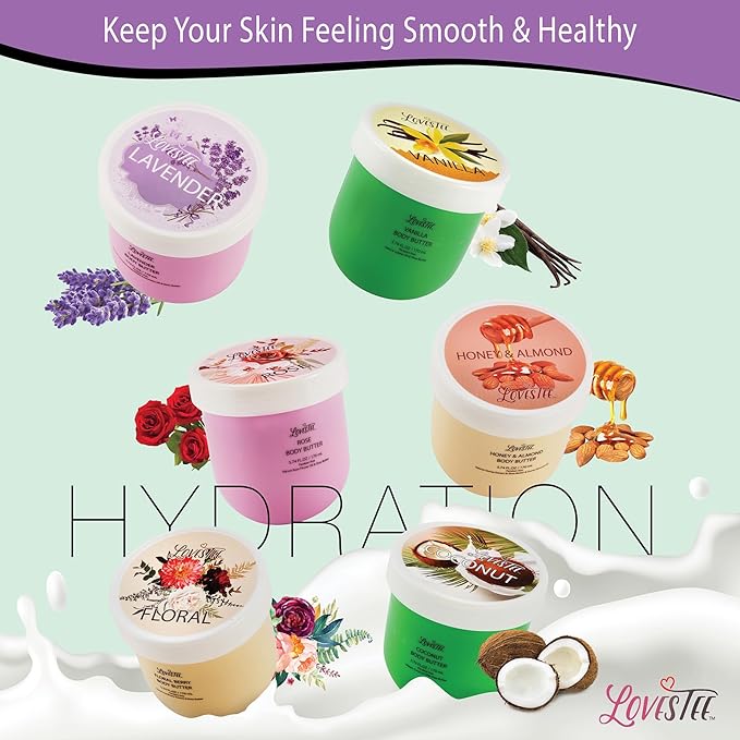 LOVESTEE Moisturizing Body Lotion, Women-Men's Christmas-Birthday Gift Set, Soothes All Skin Types includes Shea Butter, Fragrances Lavender, Vanilla, Rose, Honey Almond, Coconut and Floral-Velvo Beauty