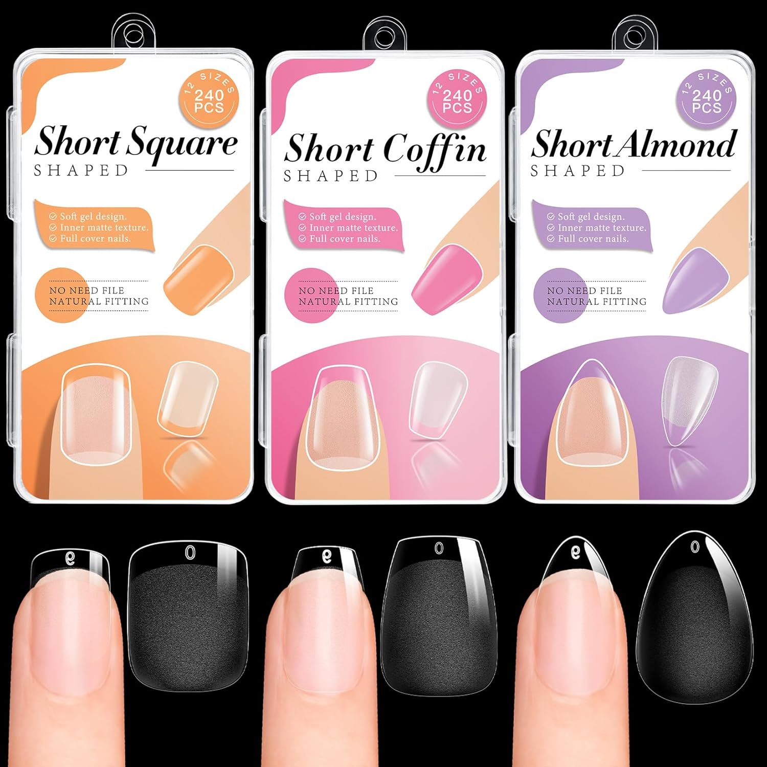 krofaue 3 Styles Short Nail Tips Kit - 720PCS Half Matte Coffin, Almond, Square Fake Nails Full Cover Press on Extension for Soft Gel Tips Set Art DIY Home-Velvo Beauty