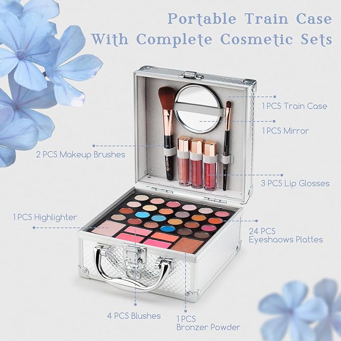 Color Nymph Beginner Makeup Kit For Teens With The Small Cosmetic Train Case Included 24-Colors Eyeshadow Palette Blushes Bronzer Highlighter Lipstick Brushes Mirror(Silver)-Velvo Beauty