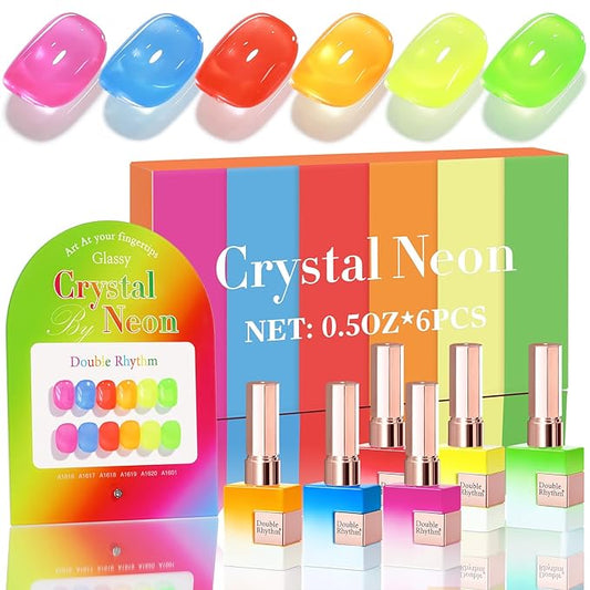 Double Rhythm 6 Pcs 15 ML Gel Polish Set Same Color Same Bottle Soak Off Gel Polish Kit Nail Art Manicure Salon DIY at Home for Women (Jelly Neon Pink Blue Red Green-T6-26)-Velvo Beauty