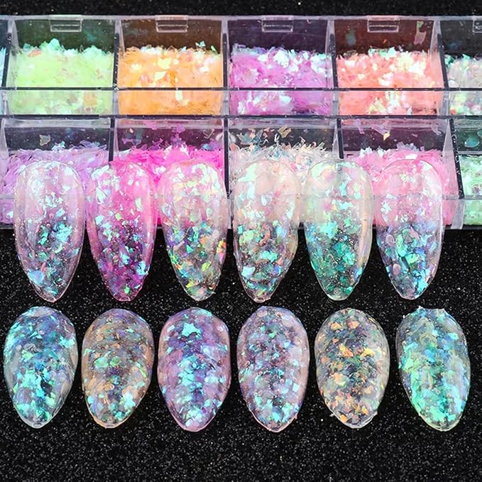 12 Colors Holographic Nail Art Glitter Sequins Iridescent Ice Slag Nail Glitter Laser Nail Art Flakes Colored Fluorescent Glass Paper Nail Sticker Decoration for Face Hand Body Make-Up DIY-Velvo Beauty