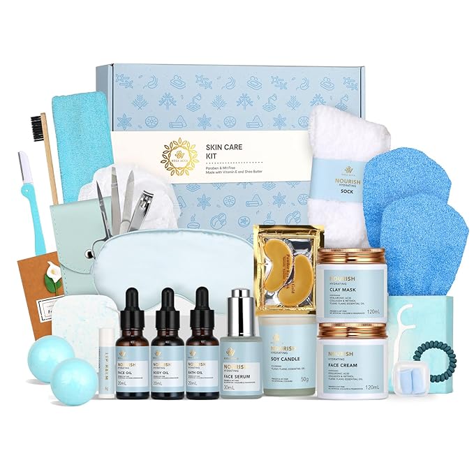 Spa Gift Set, 28pcs Ylang Facial Skin Care Set includes Face Cream, Bath Oil, Serum, Shower Accessories, Clay Mask. Bath & Body Set, Body & Facial Kit for Women & Men, Birthday, Christmas, Dad, Mom-Velvo Beauty