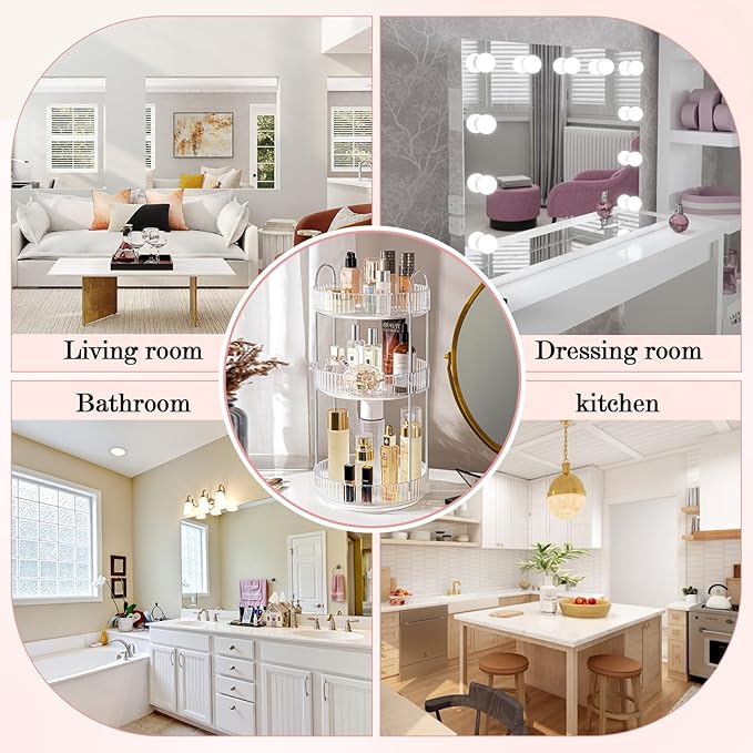 360° Rotating Makeup Organizer for Vanity, Spinning Cosmetics Organizer Holder Rack, Large Capacity Bathroom Organizer Countertop, Fits Perfume, SkinCare, Makeup Brushes 3 Tiers, Transparent-Velvo Beauty