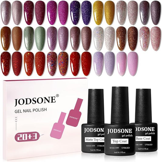 JODSONE 23 Bottles of Glitter Colorful and Elegant Gel Polish kit with 3 Bottles of Matte and Glossy Top Coat Base Coat Gel Nail Set-Velvo Beauty