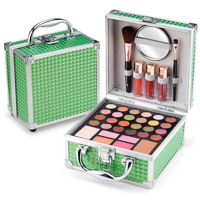 Color Nymph Beginner Makeup Kit For Teens With The Small Cosmetic Train Case Included 24-Colors Eyeshadow Palette Blushes Bronzer Highlighter Lipstick Brushes Mirror(Green)-Velvo Beauty