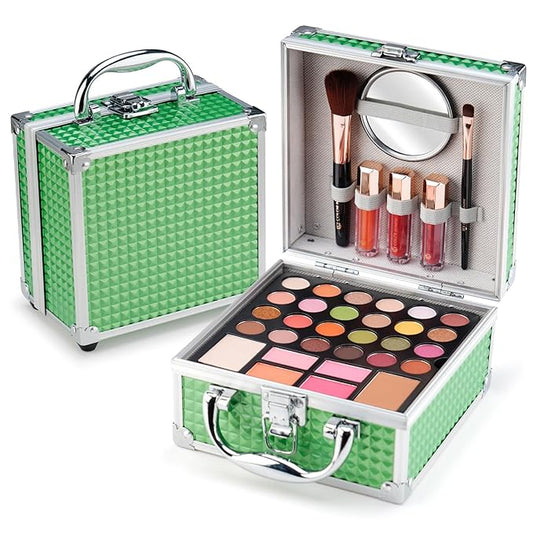 Color Nymph Beginner Makeup Kit For Teens With The Small Cosmetic Train Case Included 24-Colors Eyeshadow Palette Blushes Bronzer Highlighter Lipstick Brushes Mirror(Green)-Velvo Beauty