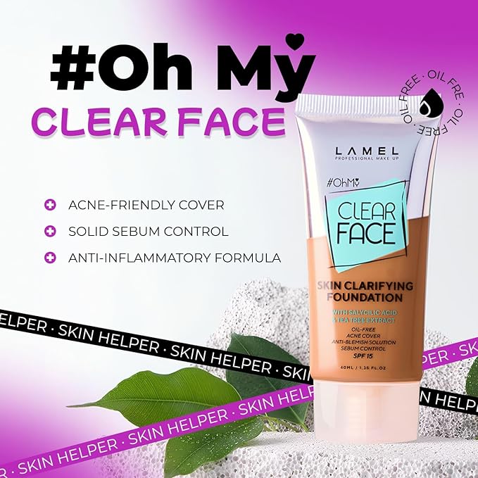 LAMEL OhMy Clear Face Full Coverage Foundation - Acne Coverage - Salicylic Acid & Tea Tree Extract - Dewy & Flawless Finish - Sensitive Skin Care - Organic & Oil-Free - 409, 1.35 fl.oz-Velvo Beauty