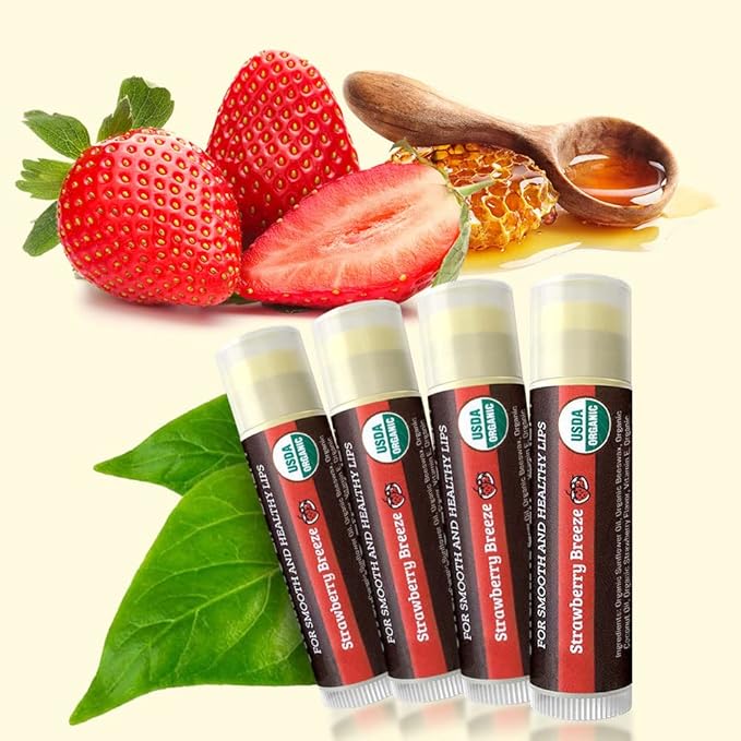 USDA Organic Lip Balm 4-Pack by Earth's Daughter - Strawberry Flavor, Beeswax, Coconut Oil, Vitamin E - Best Lip Repair Chapstick for Dry Cracked Lips.-Velvo Beauty