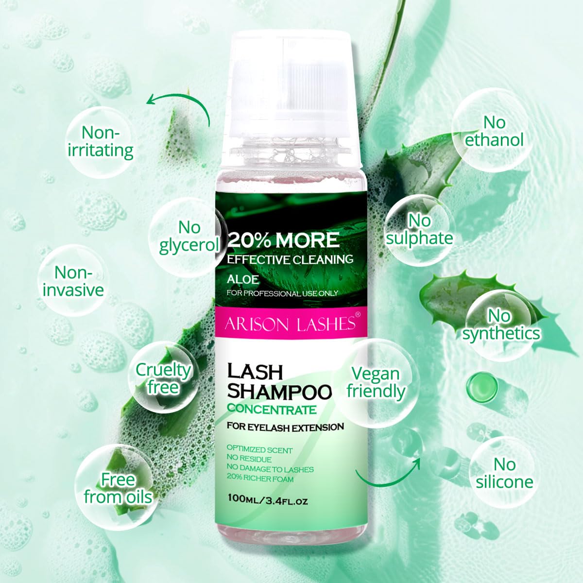 ARISON LASHES Lash Shampoo Concentrate for Lash Extensions 100ML Eyelash Cleanser Concentrate Oil-Free Eyelash Extension Shampoo with Salon Home Care(Aloe Vera)-Velvo Beauty