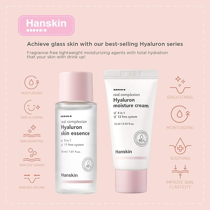 Hanskin Glass Skin On The Go Kit, Travel Friendly Hydrating Skincare Set for Glowing Skin, Cleansers, Skin Essence Toner and Moisturizer, Korean Skin Care [Set of 4 / 30 ml each]-Velvo Beauty