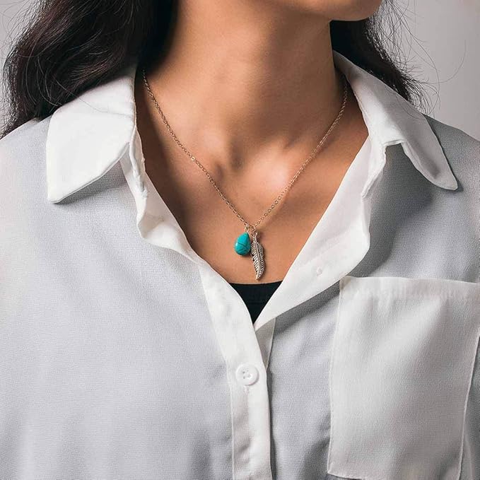 Boho Turquoise Necklaces Silver Feather Pendant Necklace Chain Short Delicate Dainty Necklaces Jewelry for Women-Velvo Beauty