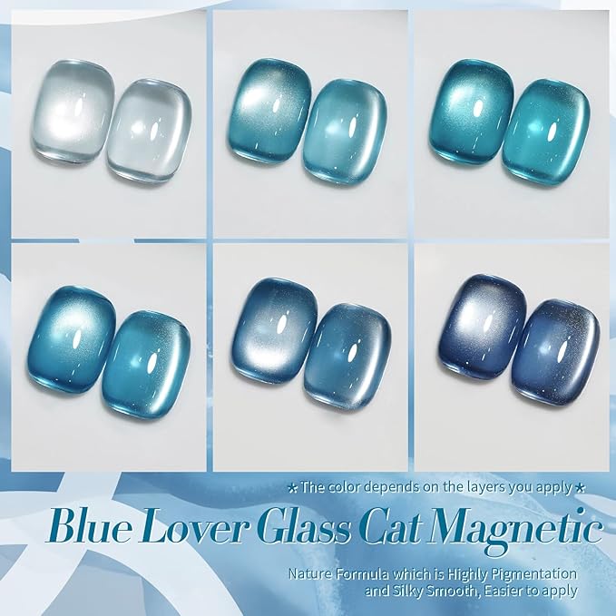 BORN PRETTY Magnetic Gel Nail Polish Blue Water Light Cat Magnetic Eye Gel Jelly Glass Crystal Magnetic Gel Polish Glitter Shimmer Auroras Magnetic Gel Nail Art Manicure Kit 6PCS-Velvo Beauty