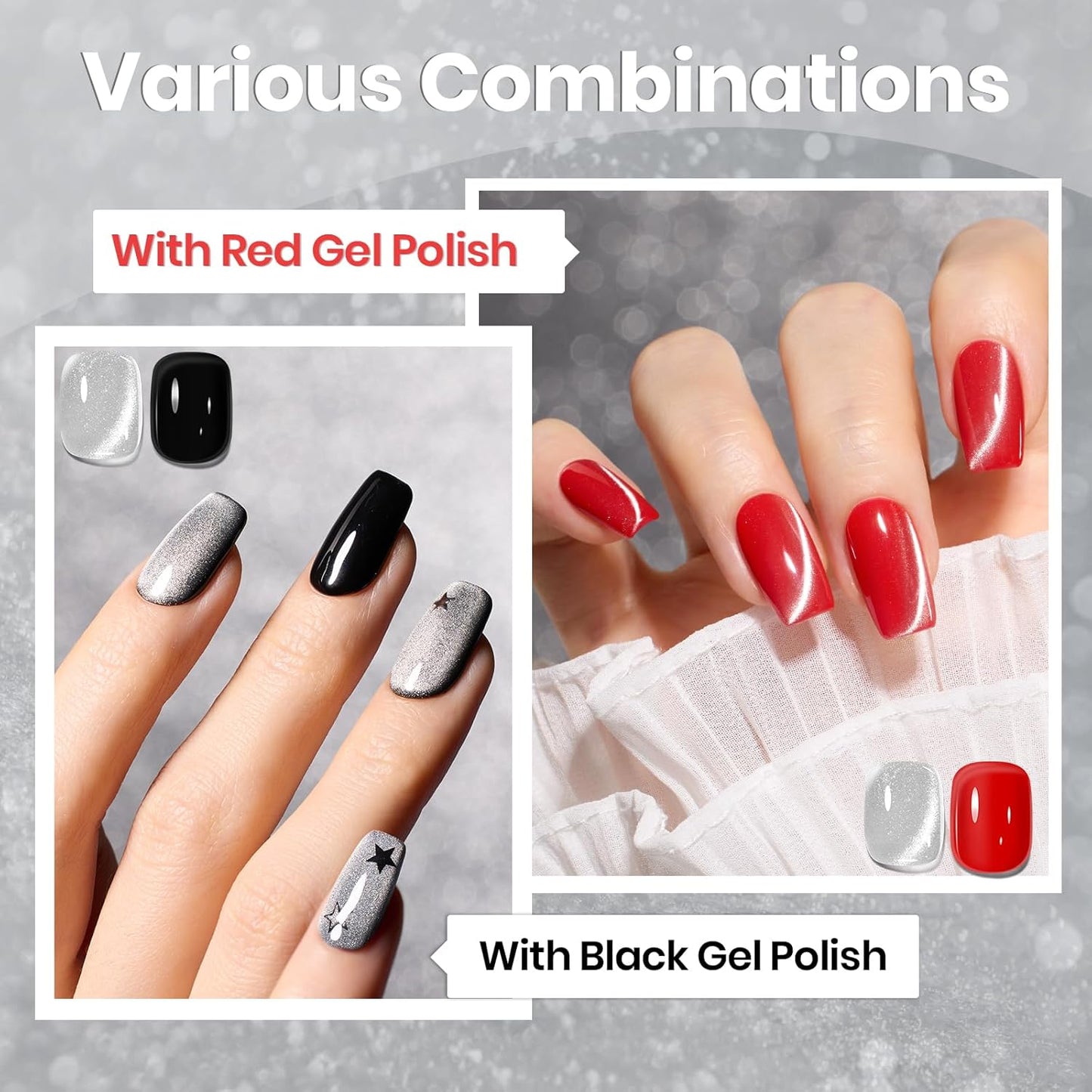 Beetles Silver Cat Eye Gel Polish, 15ML Silver Glass Cat Eye Glitter Gel Polish with Magnet Shimmer Translucent Sheer Color Soak Off UV Lunar Gleam Series French Nail Art Gift for Women-Velvo Beauty