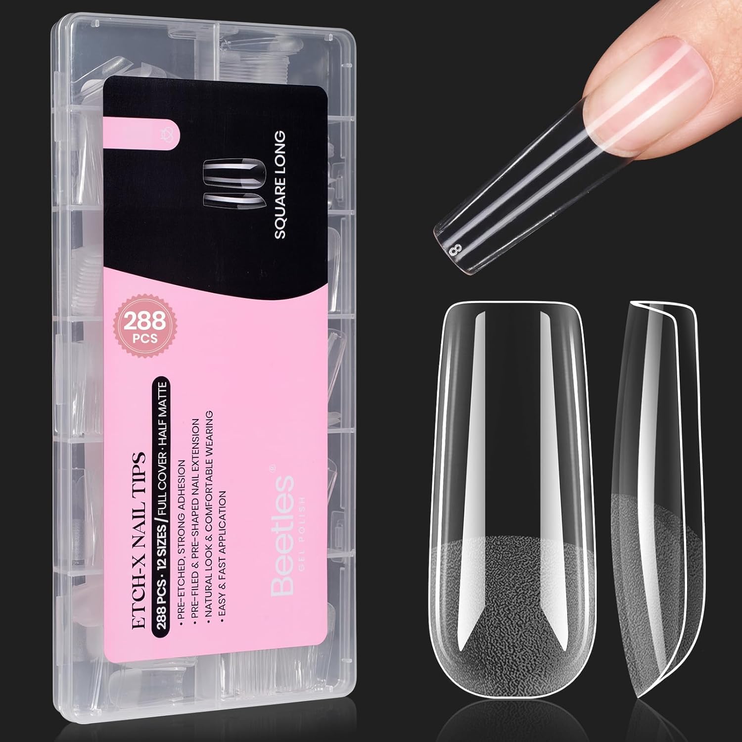 Beetles Gel Nail Tips Long Square 10 Sizes, 288Pcs Pre Shaped Half Matte Press On Nails Gelly Tips False Nails for Gel Nail DIY Art Nail Extensions Acrylic Nails Gift-Velvo Beauty