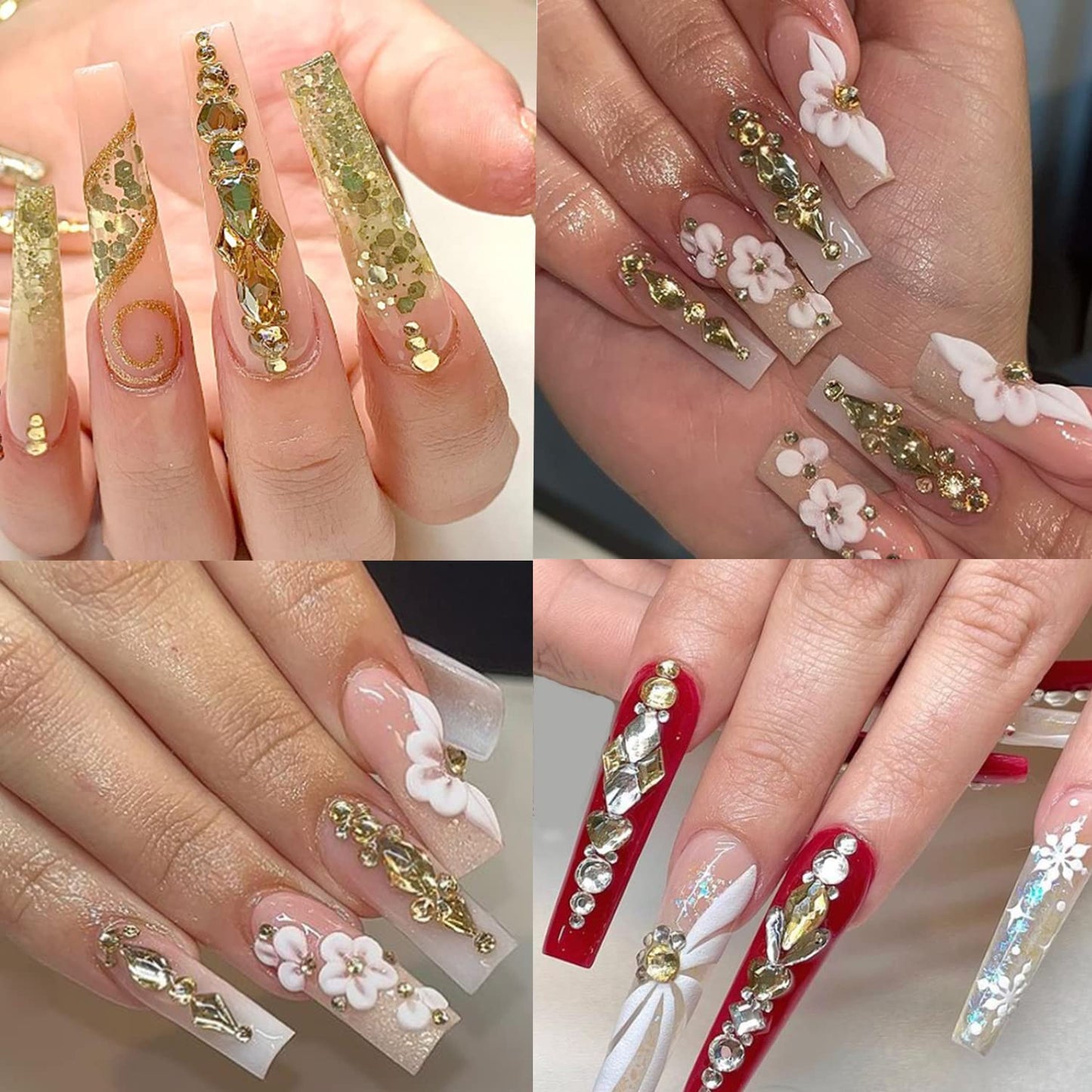 HNUIX Nail Rhinestones - 3D Multi Shape Size Crystal, Champagne Gold Nail Gems, Flat Back, with Kit, for Nail Art, DIY Decorations-Velvo Beauty