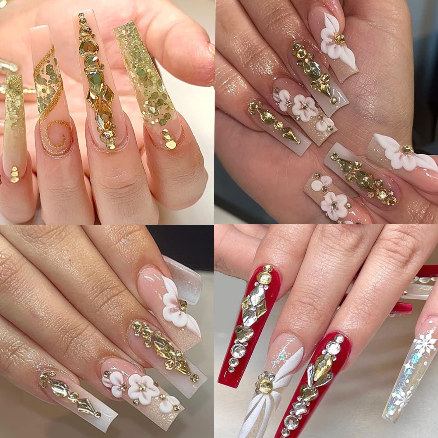 HNUIX Nail Rhinestones - 3D Multi Shape Size Crystal, Champagne Gold Nail Gems, Flat Back, with Kit, for Nail Art, DIY Decorations-Velvo Beauty