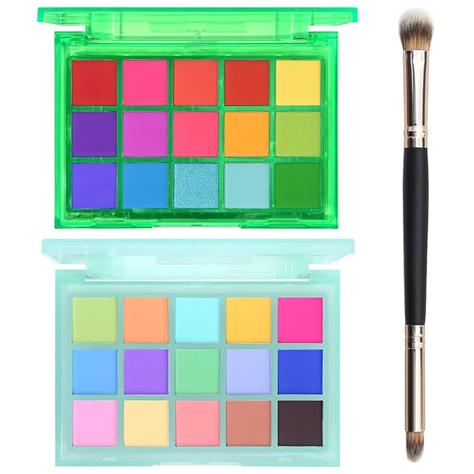 UCANBE Colorful Eyeshadow Palette Makeup Set, 2pcs 15 Shades Matte Shimmer Vibrant Neon Rainbow Pastel Eye Shadow Pallet with Soft Double Ended Brush, Summer Vibe Pigmented Blendable Eye Make Up Kit-Velvo Beauty