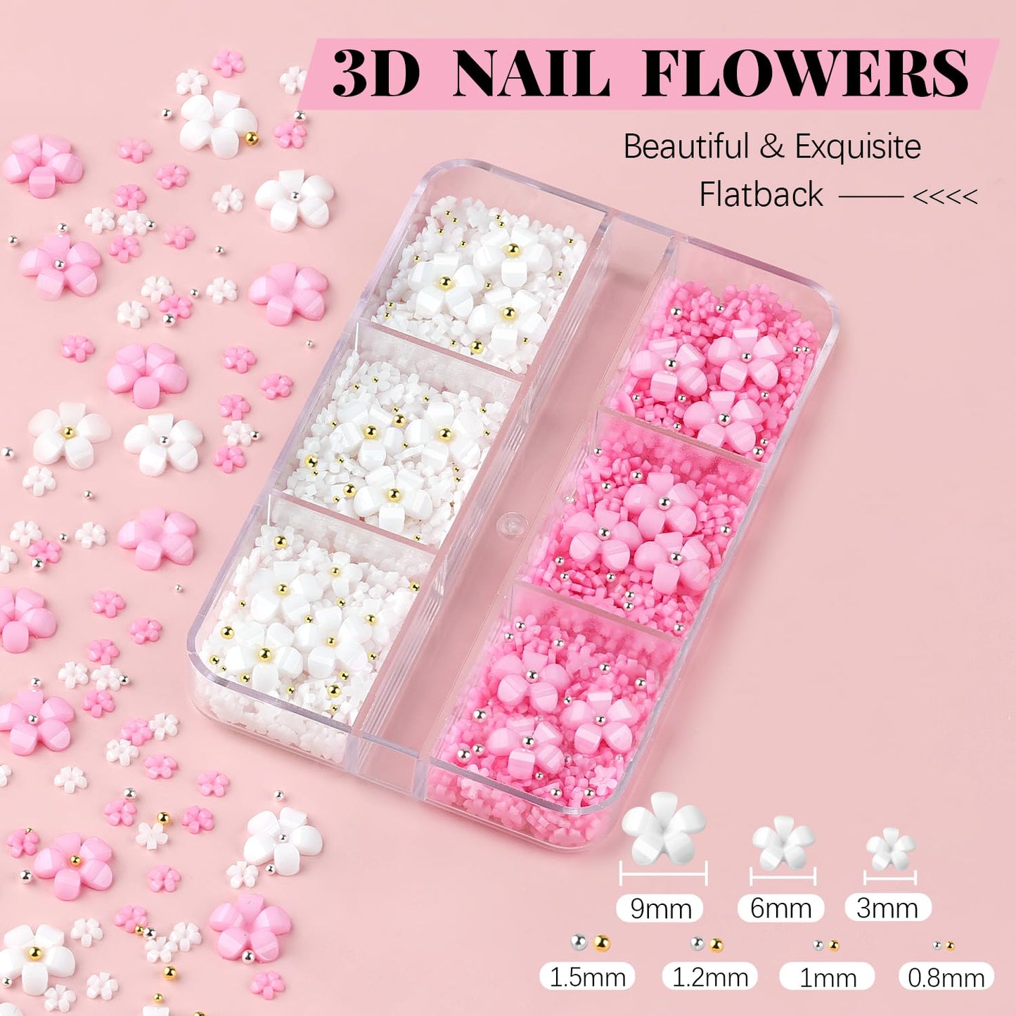 3D Flowers, Manicure Kit with Gel Glue, White Pink Acrylic Flower Nail Charms with Caviar Beads, Rhinestones + Gem Glue for Nails (UV/LED Needed) with Dotting & Pickup Tools-Velvo Beauty