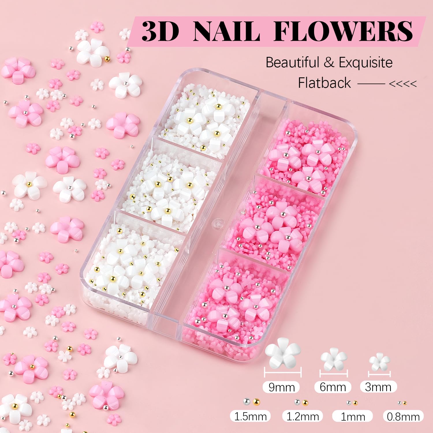 3D Flowers, Manicure Kit with Gel Glue, White Pink Acrylic Flower Nail Charms with Caviar Beads, Rhinestones + Gem Glue for Nails (UV/LED Needed) with Dotting & Pickup Tools-Velvo Beauty