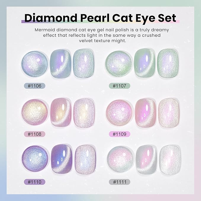 RARJSM Sparkle Diamond Pearl Cat Eye Gel Nail Polish Set 6pcs Velvet Silver Shimmer Pink Green Blue Purple White Glitter Mermaid Swirl Shell Thread Effect with Magnet Stick UV LED Curing Requires-Velvo Beauty