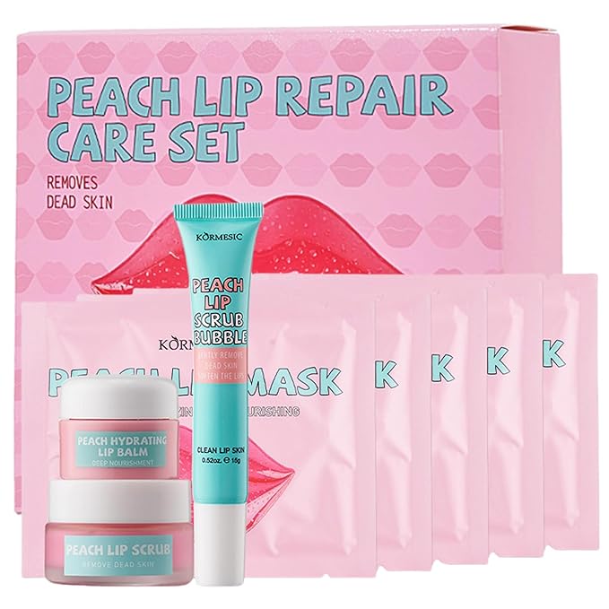 4 In 1 Peach Lip Care Kit With Lip Exfoliator Scrub And Moisturizer, Peach Scrub Bubble, Hydrating Lip Mask, Lip Scrubs Gentle Exfoliating, Instant Moisturizing, Lip Balm Hydrating For Very Dry Lips-Velvo Beauty