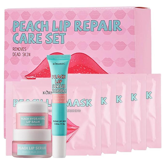4 In 1 Peach Lip Care Kit With Lip Exfoliator Scrub And Moisturizer, Peach Scrub Bubble, Hydrating Lip Mask, Lip Scrubs Gentle Exfoliating, Instant Moisturizing, Lip Balm Hydrating For Very Dry Lips-Velvo Beauty