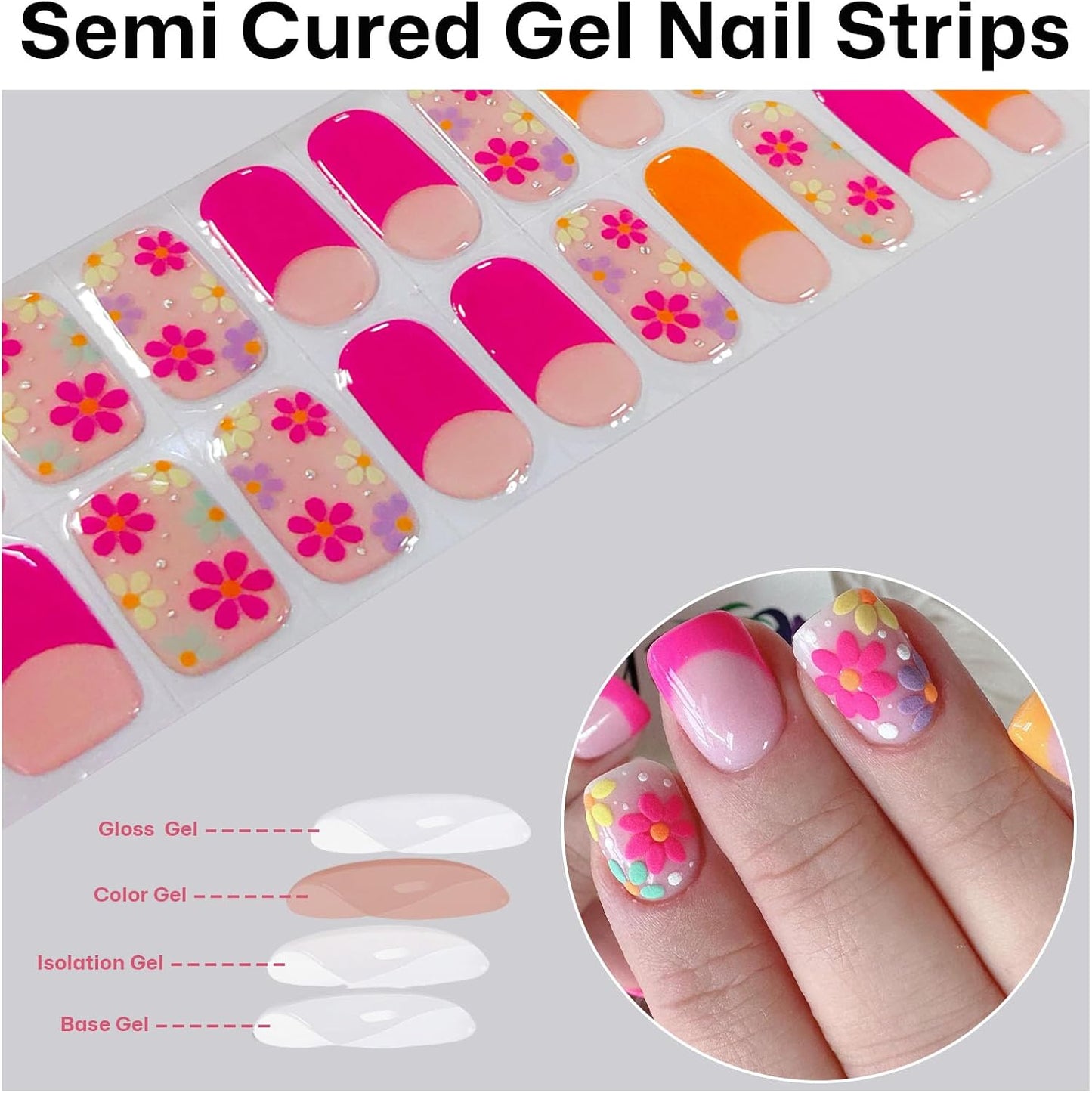 Semi Cured Gel Nail Strips French Tip Nail Stickers with Flower Designs Cute Glossy Gel Stickers Salon Quality & Easy to Use Need UV/LED Light for Women 20 Pcs-Velvo Beauty
