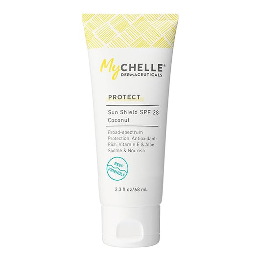 MyCHELLE Dermaceuticals Sun Shield SPF 28 Coconut (2.3 Fl Oz) - Soothing Reef Safe Sunscreen with Vitamin E and Aloe - Travel Size Zinc Sunscreen for Face and Body-Velvo Beauty