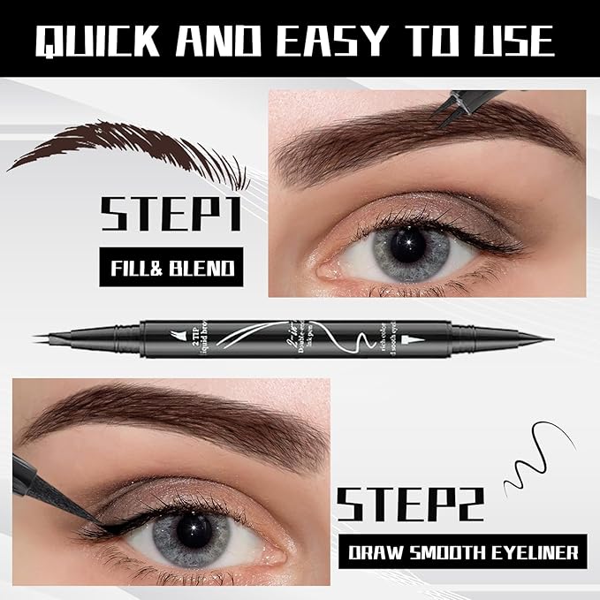 Curved 2 Tip Eyebrow Pen-Brown Eyebrow Pencil With Black Eyeliner 2-in-1 Dual-Ended Create Natural Hair-Like Brows,Waterproof,Smudge Proof,Long Lasting All-Day-Velvo Beauty