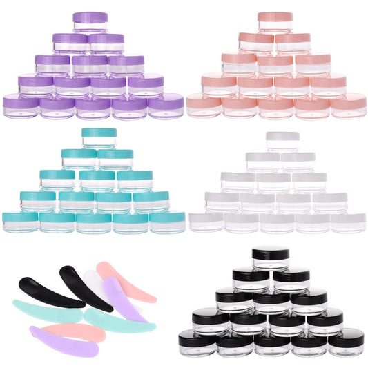 Refillable Cosmetic Sample Jars - 100 Pack 10g (0.35oz) Multi Color Small Travel Containers with Lids + 10 Mini Makeup Spatulas - BPA Free-Velvo Beauty