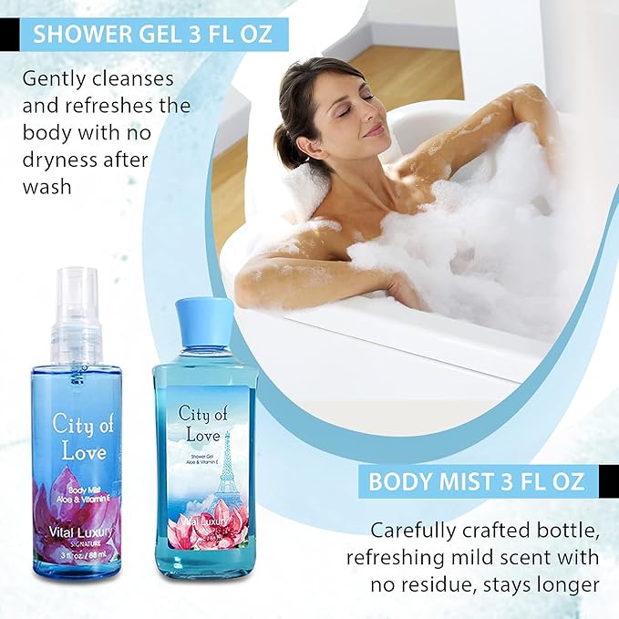 Bath & Body Kit, 3 Fl Oz, Ideal Skincare Gift Home Spa Set, Includes Body Lotion, Shower Gel, Body Cream, and Fragrance Mist, Birthday Mother's Valentine's Day Gifts(City of Love)-Velvo Beauty