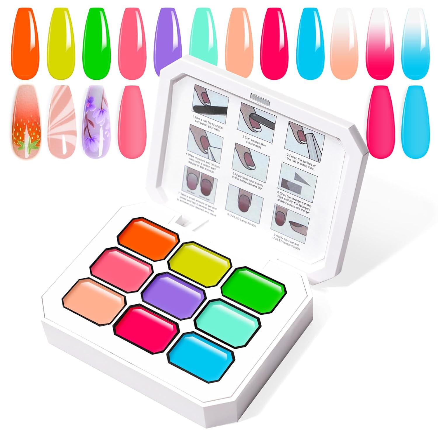 Gradient Painting Gel, 9 Colors Ombre Gel Nail Polish Sponging for Pigment Pat French Manicure Soak Off UV Long-lasting High-glossy Home DIY Nail Salon Rainbow Candy(01)-Velvo Beauty