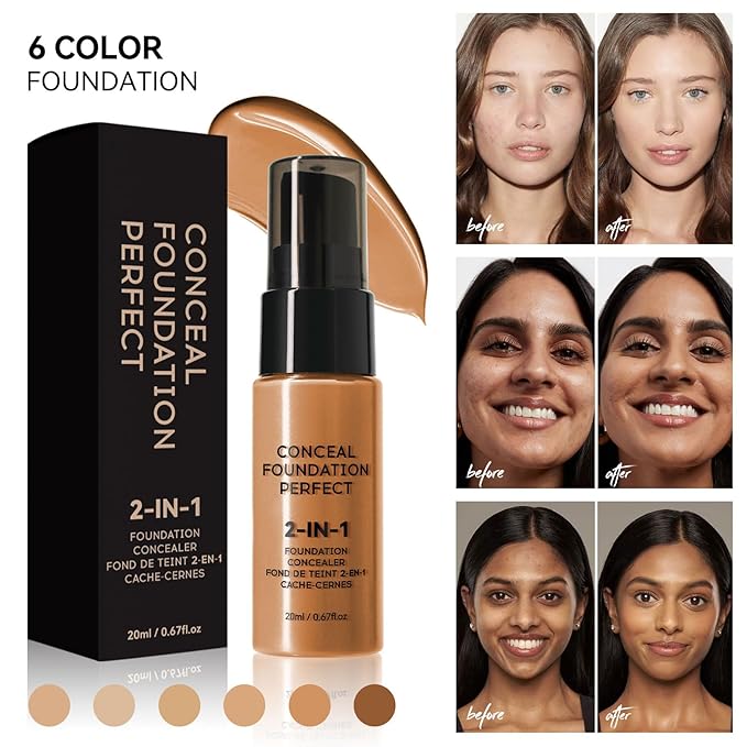 6 Colors Liquid Foundation Long-Lasting,Poreless Liquid Oil Concealer Foundation For All Skin Type,Waterproof & Sweat-Proof,Easy To Push Away,Flawless Finish Foundation,Balanced Skin Color-Velvo Beauty