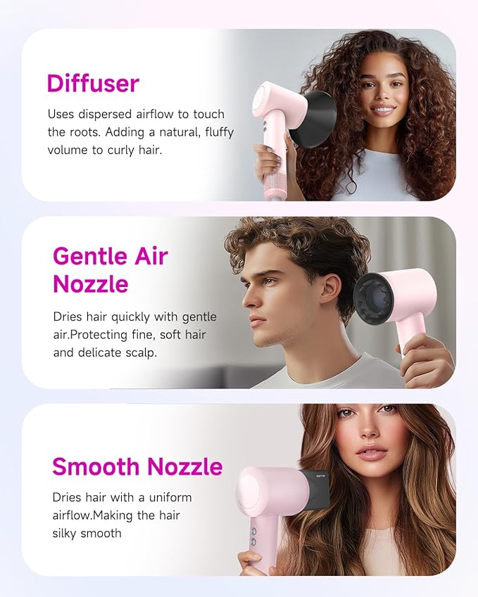 PLUZZ Hair Dryer with Diffuser Attachment, Diffuser Blow Dryer Ionic for Curly Hair, 110000RPM Brushless Motor High Speed Fast Hairdryer for Women/Men/Kids, Travel Hair Dryers Small Lightweight 1600W-Velvo Beauty